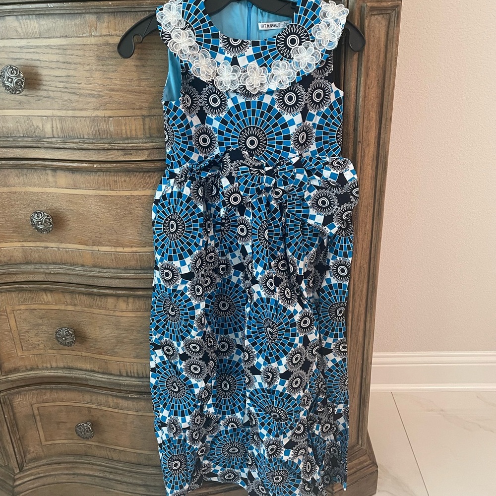 Blue and Black African/Carribean Patterned Dress with Floral Collar
